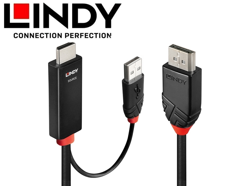 LINDY林帝 主動式HDMI2.0 to DISPLAYPORT1.2 轉接線帶USB電源-2M